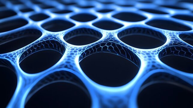 Abstract glowing blue mesh structure stretches into dark space with intricate surface detail