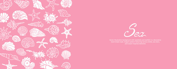 Underwater coastal banner with seashells and starfish in hand drawn sketch line art style. Marine ocean world illustration with clean outlines, modern doodle look and calm seaside mood