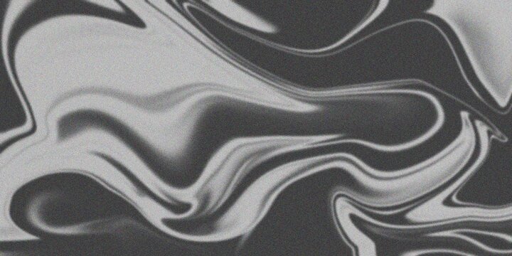 Black and White Abstract Marble Swirl Background with Gritty Feel; Monochrome Fluid Flow Texture featuring Heavy Cinematic Grain and Noise.