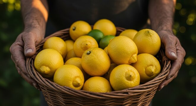 Man holding a wicker basket full of fresh yellow citrus fruits. Organic harvest concept for healthy eating and agriculture.