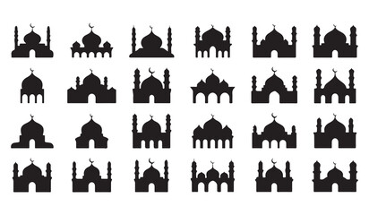 Obraz premium Collection of mosque silhouettes vector set with various architectural designs and minarets on white background