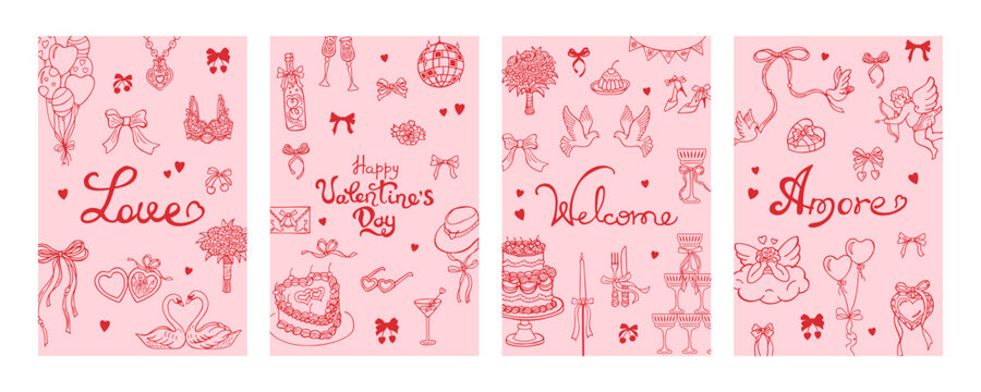 Set of holiday romantic cards in sketch doodle whimsical style. Wedding, Valentines Day, Cowgirl Bachelorette Party. Symbols of love, romance and wedding items. Elegant ink sketch line vector art