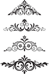 Four elegant black floral flourishes arranged horizontally on a clean white background, creating sophisticated decorative borders