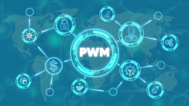 P W M business technology concept with and map background finance security