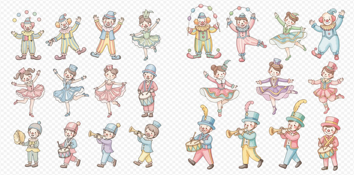 Set of cute watercolor circus performers, including clowns, ballerinas, and musicians playing instruments, on a transparent background.