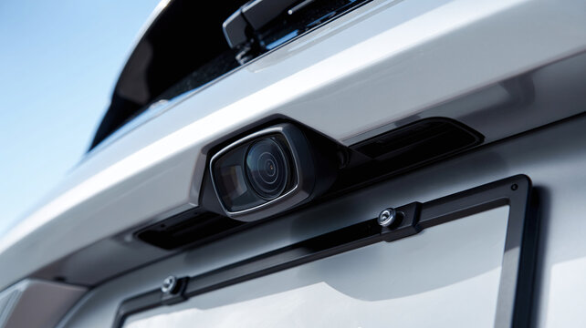 Modern Automotive Rear View Reverse Camera Integrated into Vehicle License Plate for Driver Safety Assistance Parking Technology and Security Features
