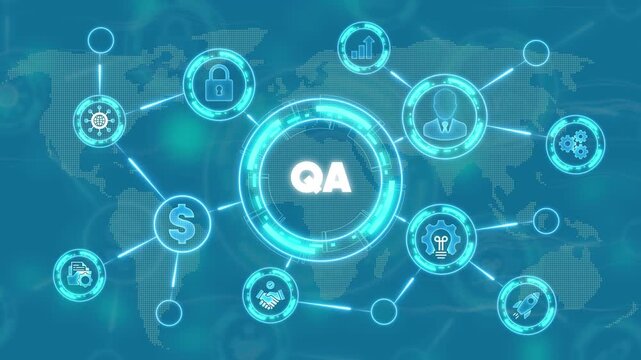 Q A Assurance Concept with Global Network and Representing Business Finance Technology and Security control