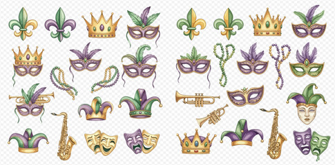 Mardi Gras celebration set with traditional masks, crowns, fleur-de-lis, and musical instruments. © Akun
