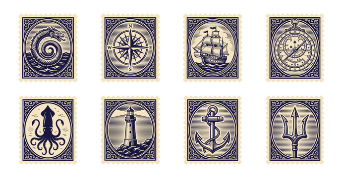 Vintage Nautical Engraving Postage Stamp Set for Marine Themed Stationery and Scrapbooking Design