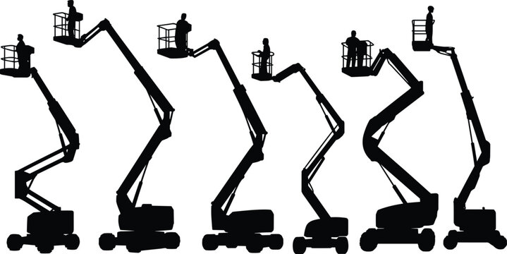 Boom Lift Silhouettes with Operators &ndash; Mechanical Arm Configurations for Elevated Work, Construction Safety, and Industrial Equipment Illustration Use