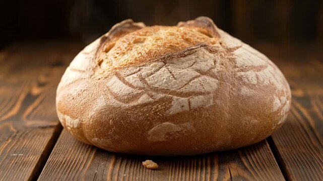 Freshly baked artisan bread with a golden crust steaming on a rustic wooden table. Sequence of a hot round loaf cooling down, perfect for bakery or food concepts