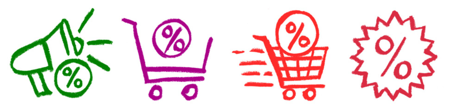 Discount Announcement Shopping Icons Crayon Chalk Drawing Doodle Vector Set