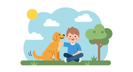 Happy boy with golden retriever dog in park, friendship, summer day, illustration