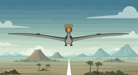 Pixel Art Pterodactyl Flying Over Prehistoric Landscape with Volcanoes © Anisah