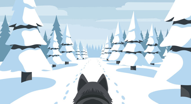 Winter forest path with wolf POV, snow-covered trees, footprints
