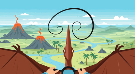 Pterodactyl POV flying over prehistoric landscape with volcanoes © Anisah