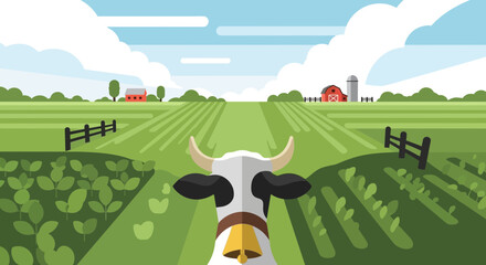 Cow in a green field with farm buildings, flat design illustration © Anisah