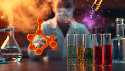 Hydrazone molecule in vibrant orange dominates foreground experiment with holographic display, iridescent test tubes, droplet precision in futuristic lab