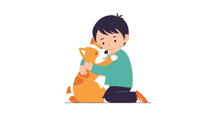 Boy Hugging Cute Cat, Friendship and Animal Love, Vector Illustration