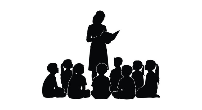 Teacher reading to students in a classroom stark silhouette