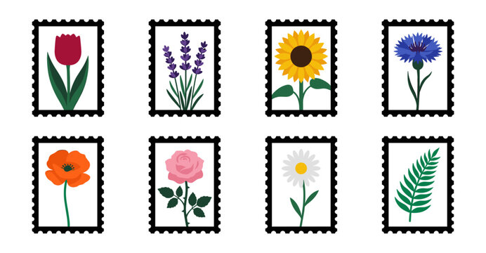 Minimalist Botanical Flora Postage Stamp Collection for Spring Stationery and Garden Journaling