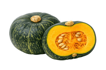 Kabocha squash whole and halved revealing seeds and bright orange flesh, natural winter vegetable, transparent background