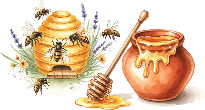 Cute cartoon bees around beehive and jar of honey with dipper and flowers