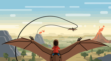 Child Riding Pterodactyl Over Prehistoric Landscape with Volcanoes © Anisah