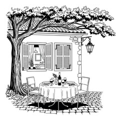 Hand drawn line art illustration of an outdoor cafe depicting a romantic table setting under a tree for a cozy dining experience