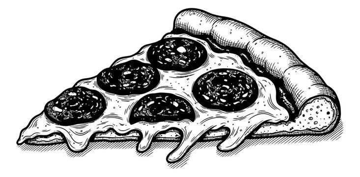 Hand drawn line art illustration of a pizza slice depicting melting cheese and pepperoni for fast food menus and advertising