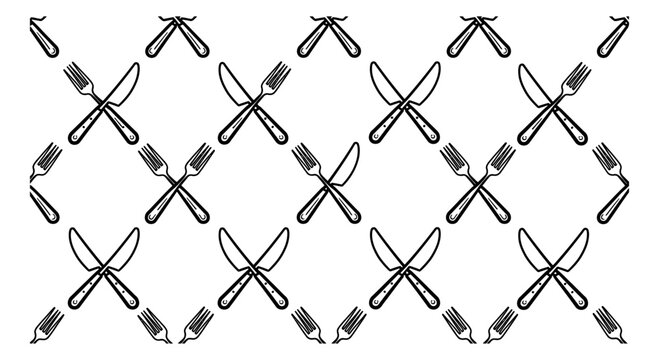 Hand drawn line art cutlery pattern set featuring crossed knives and forks for restaurant and kitchen design
