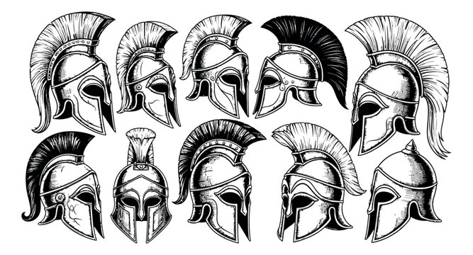 Hand drawn line art spartan helmet set featuring various ancient greek warrior helmets for historical designs