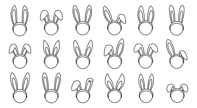 Hand drawn line art bunny ear headbands set featuring various ear positions for easter and party celebrations