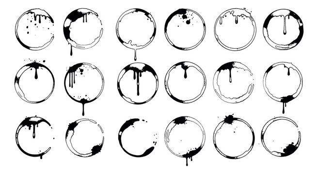 Hand drawn coffee cup ring stain set featuring ink splatters and drips for grunge design