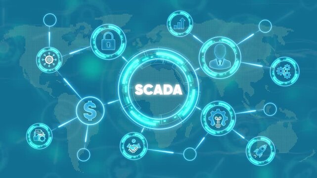 S C A D A system on a map background with glowing blue lines and symbols representing industrial control, cybersecurity, finance, and global connectivity