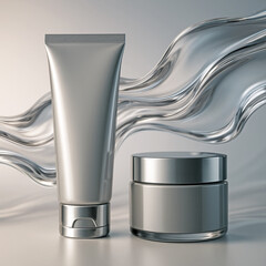 Sleek gray cosmetic tube and cream jar set against a flowing transparent glass wave.Premium futuristic mockup for beauty packaging and branding.