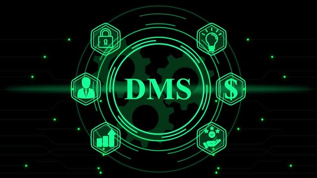 DMS document management system concept with neon icons and gears