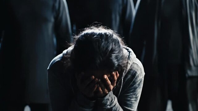 Scared woman covering face with hands, surrounded by shadowy figures, feeling fear and despair.