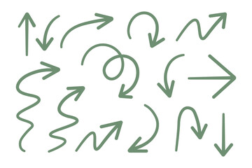 Hand Drawn Green Arrows Collection with Curved, Wavy and Circular Directions
