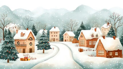 Naklejka premium Beautiful snowy village scene with houses covered in snow, surrounded by a forest and mountains, perfect for winter and holiday themes.