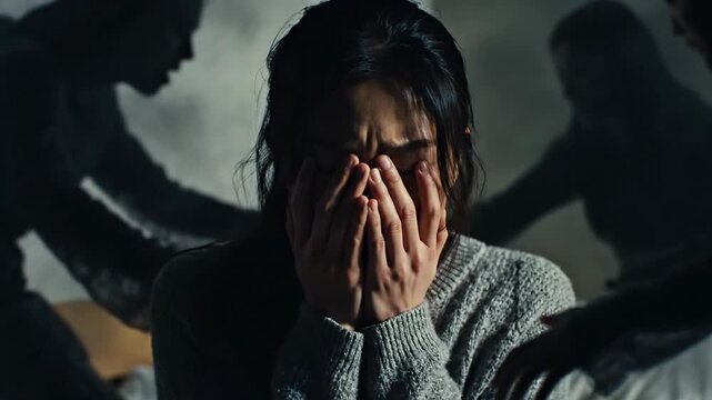 Scared Woman Crying Surrounded by Dark Figures of Fear and Anxiety