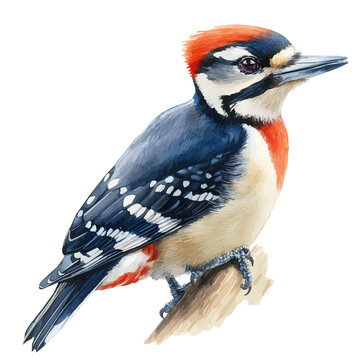 Woodpecker, playful watercolor vector painting with subtle shadowing and soft gradients, isolated on a white background.