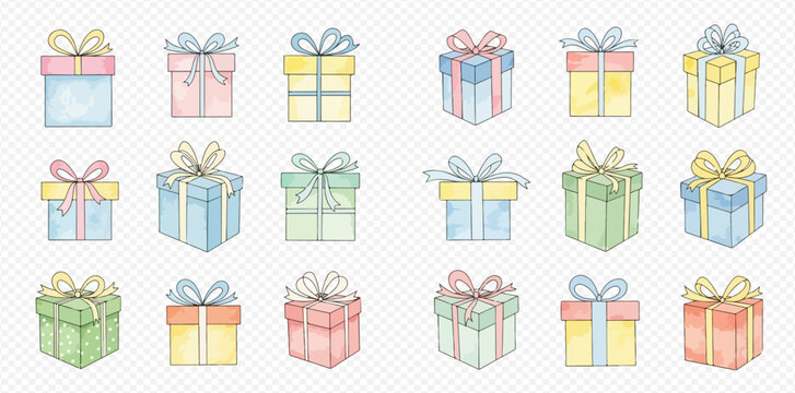 Watercolor illustration set of pastel colored gift boxes with bows, perfect for celebrations and holidays.