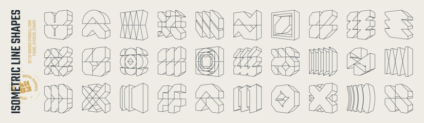 Isometric line brutal 3D shapes, Postmodern abstract geometric graphic frame elements, Brutalism volumetric carcass various form, trendy cyber design symbols in futuristic aesthetics, vector set 3