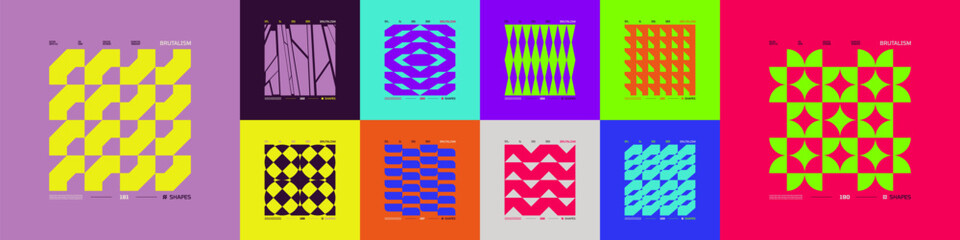 Kit of Postmodern geometric compositions with abstract shapes in brutalism aesthetics, mosaic of brutal figures, trendy color retro futuristic elements, vector modernist ornament, cards art 19