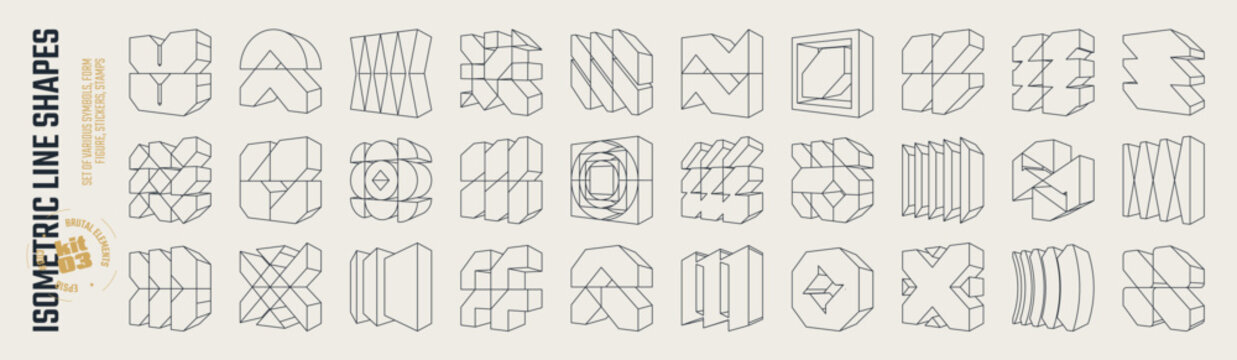 Isometric line brutal 3D shapes, Postmodern abstract geometric graphic frame elements, Brutalism volumetric carcass various form, trendy cyber design symbols in futuristic aesthetics, vector set 3