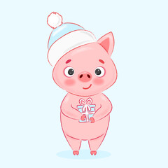 Fototapeta premium Cute pig in a hat and with a gift