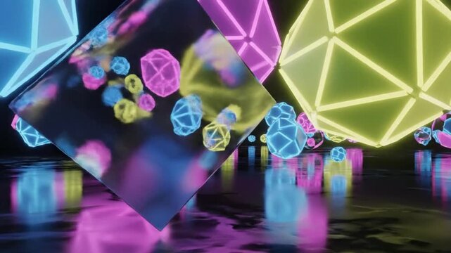 Smooth pan of floating neon shapes with illusionary depth and realistic reflections
