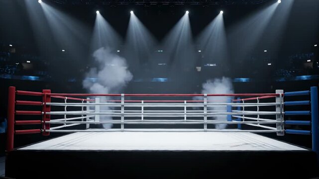 A boxing ring, empty, spotlighted, and surrounded by a shadowy audience. Steam billows inside the illuminated arena