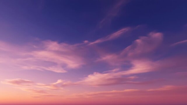 A breathtaking landscape photo, a gradient sky showcasing hues of blue, pink, and orange. Wispy clouds delicately float above in the peaceful atmosphere